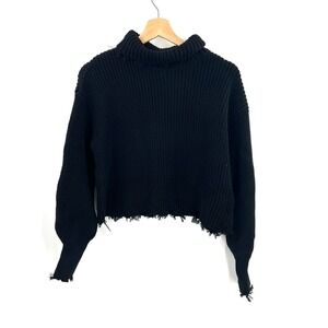 525 Sweater black turtleneck fringe cropped boxy ribbed knit 100% cotton M